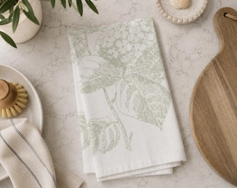 Sage Green Hydrangea Illustration Tea Towel | Floral Kitchen Linen