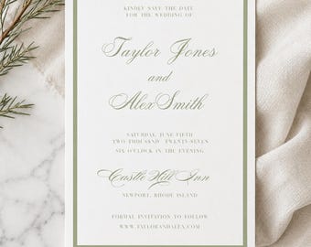 May include: A wedding invitation with a sage green border. The text reads "Kindly save the date for the wedding of Taylor Jones and Alex Smith." The invitation includes the date, time, and location: Castle Hill Inn, Newport, Rhode Island.