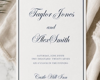 May include: A wedding invitation with a navy blue border and text. The invitation reads "Kindly join us for the wedding of Taylor Jones and Alex Smith." The date is Saturday, June fifth, two thousand twenty-seven, at six o'clock in the evening at Castle Hill Inn, Newport, Rhode Island.