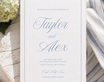 May include: A wedding invitation with a blue border and text. The invitation reads "Please join us for the wedding of Taylor and Alex" with the date and time. Blue and white striped fabric and flowers are in the background.