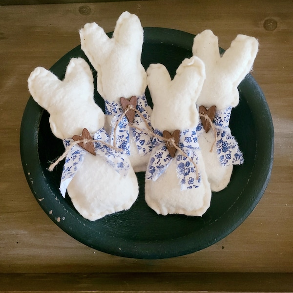 Primitive Cotton 4 Flat Bunny bowl fillers with wood buttons an Blue flower scarf Cute anywhere in your home all year long or Easter Decor