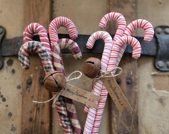 Candy Cane Primitive Homespun wrapped 1 set of 4 Canes Holiday Dough Bowl Filler Rustic Vintage look hang or decorate Folk Art Tiered Tray