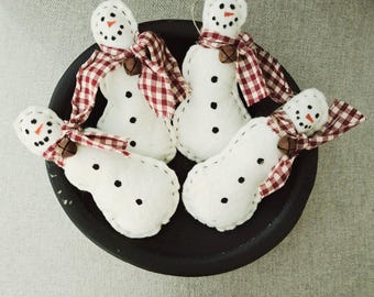 Primitive Snowman Dough Bowl Fillers: Homespun Christmas Ornaments, Set of 4