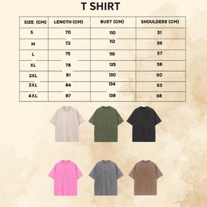 May include: A size chart for a T-shirt with columns for size, length, bust, and shoulders in centimeters, ranging from S to 4XL. Below the chart are six short-sleeved T-shirts in beige, olive green, charcoal, bright pink, gray, and brown colors.