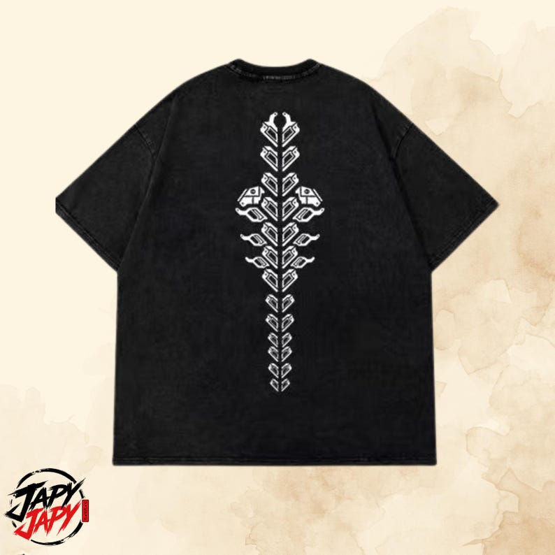 May include: A black short-sleeved t-shirt featuring a vertical, symmetrical white graphic print down the center back. The design consists of repeating geometric shapes arranged in a spine-like pattern, with two larger, distinct icons near the top.