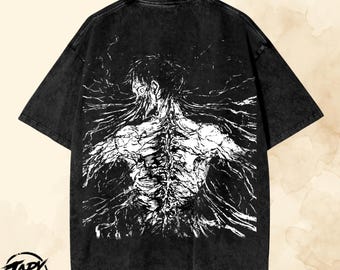 Attack On Titan Anime Vintage OverSized T Shirt - Acid Washed Black Tee/Hoodie , Eren Yeager.