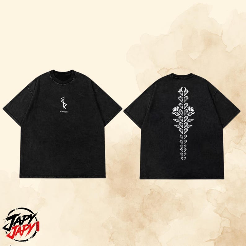 May include: A black short-sleeve t-shirt shown from the front and back. The front features a small white geometric symbol on the chest. The back displays a large, vertical, symmetrical white graphic composed of repeating diamond-like shapes.