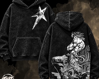 JJBA ヴィンテージ アシッドウォッシュ フーディー：JJBA ディオ・ブランドー ジョジョ グラフィック オーバーサイズ Tシャツ。Y2K、日本のストリートウェア