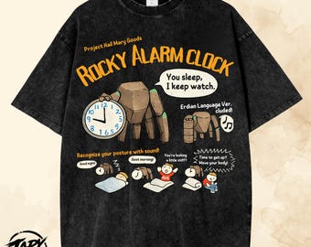 Project Hail Mary T-Shirt – Rocky Alarm Clock Funny Movie Tee , Vintage Acid Wash , Ryland Grace, Sci Fi Movie.
