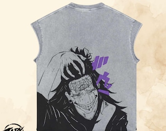 Anime Vintage Acid Washed Muscle Tank Top - Sorecrer Graphic Tee , Anime Gift For Him , Culling .