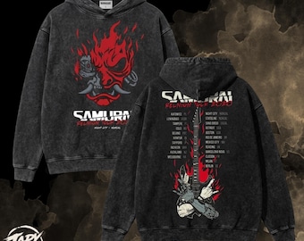 CyberPunk Samurai World Tour Vintage OverSized Hoodie - Game Acid Washed Graphic Metal Band.