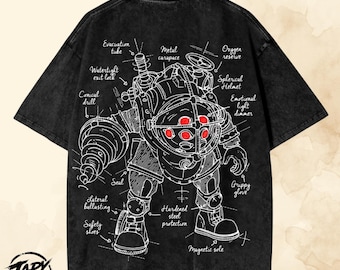 BioShock Game Vintage OverSized Washed T-Shirt,  Big Daddy Graphic Tee , Dark Fantasy Gamer Tee.