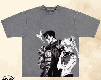 Guts X Sailor Moon CrossOver T Shirt -  Anime ,Manga  , Y2K , Gray Acid Washed OverSized Tee.