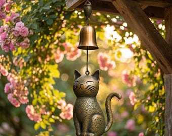 Vintage Bronze Katzen-Windspiel | Cottagecore Gartenglocke | Aussen-Hänge-Glockenspiel für Terrasse und Balkon | Katzenliebhaber Erinnerungsgeschenk