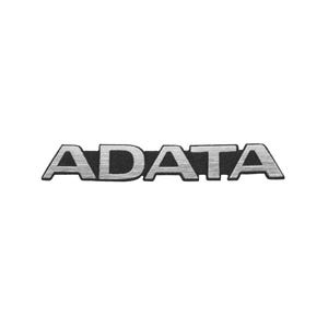 以下が含まれることがあります： 太字のサンセリフ体で「ADATA」という文字が記された、メタリックシルバーのロゴエンブレム。文字はヘアライン加工された金属の質感を持ち、細い黒い縁取りが施されており、白い背景に対してはっきりと際立っています。