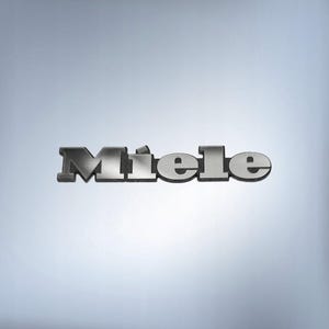 May include: The word "Miele" in a metallic, silver-gray font. The letters are slightly raised, creating a 3D effect. The background is a gradient of light blue and white.