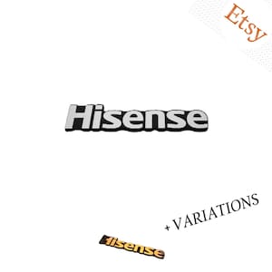 Peut inclure: Un grand logo tridimensionnel de couleur argentée affichant le mot Hisense dans une police sans empattement en gras. En dessous, une version plus petite du même logo Hisense de couleur dorée est présentée, accompagnée du texte + VARIATIONS.