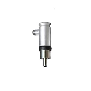 Peut inclure: Un connecteur RCA à angle droit de couleur argentée doté d'un corps cylindrique en métal, d'un anneau séparateur en caoutchouc noir et d'une broche de contact centrale. Le connecteur présente un petit port latéral saillant et une finition métallique.
