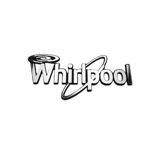 May include: A metallic silver Whirlpool brand logo emblem featuring a stylized swirl graphic above the letter W and an oval ring encircling the letters h, i, r, l, p, o, and o. The lettering has a polished finish with black outlines.