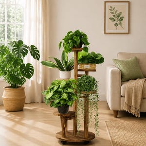 May include: A multi-tiered wooden plant stand with a central vertical post and a circular base on casters. The stand features several staggered shelves holding various potted green plants, including a trailing vine and leafy foliage.