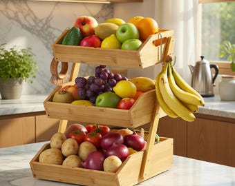 3 Tier Bamboo Fruit Basket with Banana Holders, Kitchen Countertop Organizer, Wooden Produce Stand for Vegetables, Bread and Snack Storage