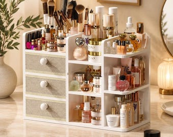Bamboo Makeup Organizer, Vanity Cosmetic Storage, 3 Drawers, Brush Holder, Skincare Perfume Tray
