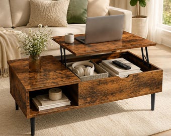 Lift Top Coffee Table with Hidden Storage, Wooden Coffee Table with Lift Mechanism, Rustic Center Table for Living Room Space Saving