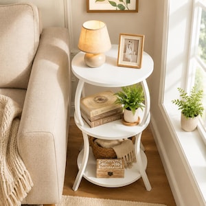 Vintage 3 Tier Round Side Table, Slim End Table with Storage Shelf, Small Space Nightstand, Coffee Table Accent Table Living Room Bedroom