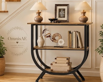 3 Tier Console Table with Storage | Industrial Entryway Table Behind Couch Sofa Table | Narrow Hallway Table Rustic Brown Open Shelves