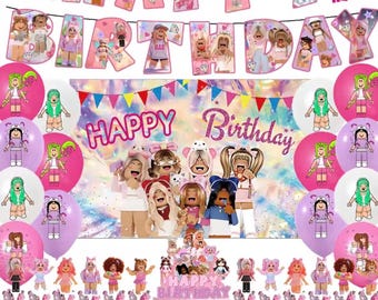 Pink Roblox Birthday Party Decorations Bundle, Roblox Girls Birthday Banner Balloons Backdrop Cake Topper Cupcake Toppers