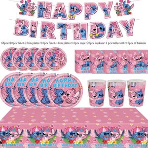 Angel and Stitch Birthday Party Supplies – Pink Theme Tableware Set with Banner, Plates,Cups, Napkins & Tablecloth BUNDLE/66PCS