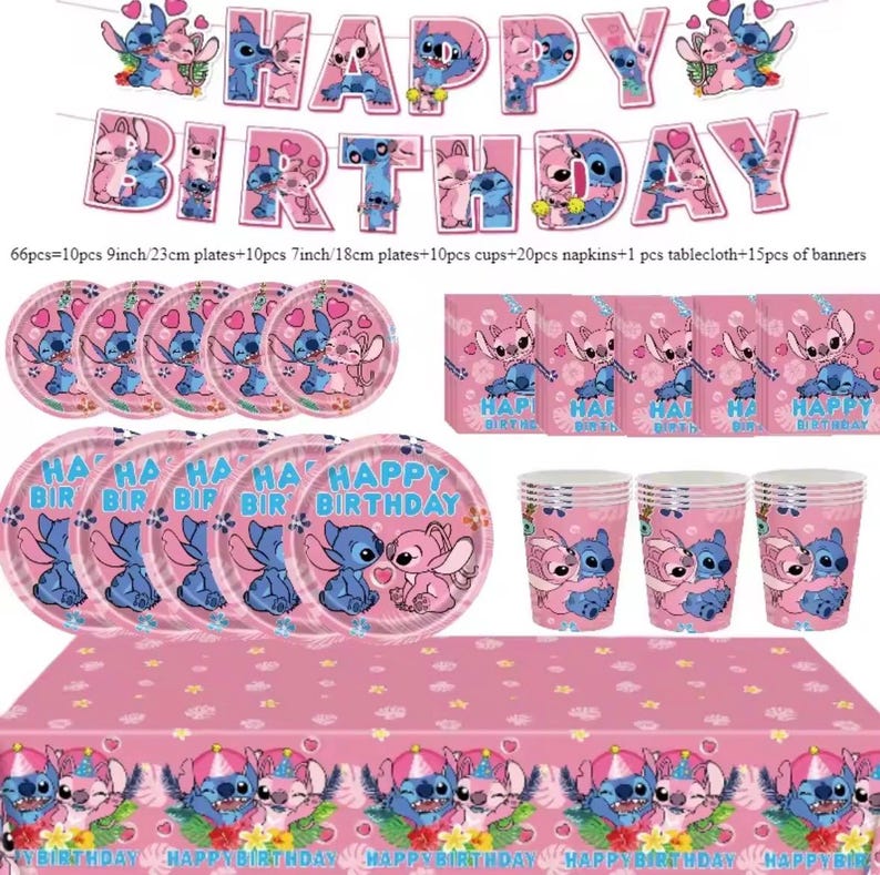 Angel and Stitch Birthday Party Supplies – Pink Theme Tableware Set with Banner, Plates,Cups, Napkins & Tablecloth BUNDLE/66PCS