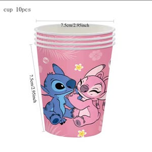 May include: A set of 10 pink paper cups featuring a blue and pink character graphic with floral accents. The cups measure 2.95 inches in diameter and 2.95 inches in height, as indicated by the printed text and measurement lines on the image.