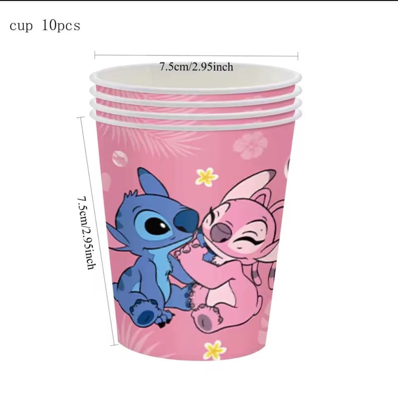 May include: A set of 10 pink paper cups featuring a blue and pink character graphic with floral accents. The cups measure 2.95 inches in diameter and 2.95 inches in height, as indicated by the printed text and measurement lines on the image.