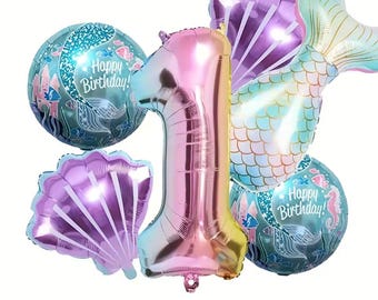 Mermaid Birthday Foil Balloons Set of 6, Kids Under the Sea Party Decor Gifts, Princess Mermaid Ocean Theme Baby Shower Decorations