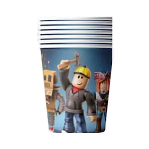 May include: A stack of disposable paper cups featuring a blue background with a printed graphic of three block-style characters. The central character wears a yellow hard hat and holds a hammer, flanked by a robot figure and a pirate-themed character.