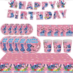May include: A birthday party supply set featuring Stitch and Angel characters. Includes a Happy Birthday banner, pink paper plates with the text Happy Birthday, pink paper cups, napkins, and a pink tablecloth with floral and character motifs.
