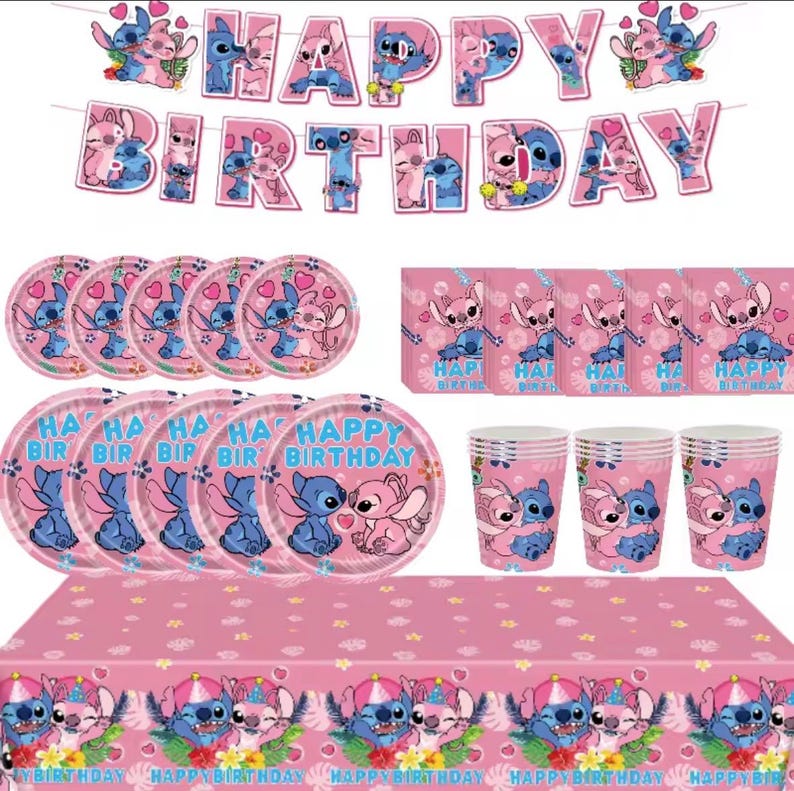May include: A birthday party supply set featuring Stitch and Angel characters. Includes a Happy Birthday banner, pink paper plates with the text Happy Birthday, pink paper cups, napkins, and a pink tablecloth with floral and character motifs.