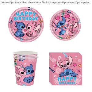 May include: A party supply set including 10 pieces of 9-inch plates, 10 pieces of 7-inch plates, 10 cups, and 20 napkins. All items feature a pink background with blue and pink cartoon characters, floral accents, and the text HAPPY BIRTHDAY.