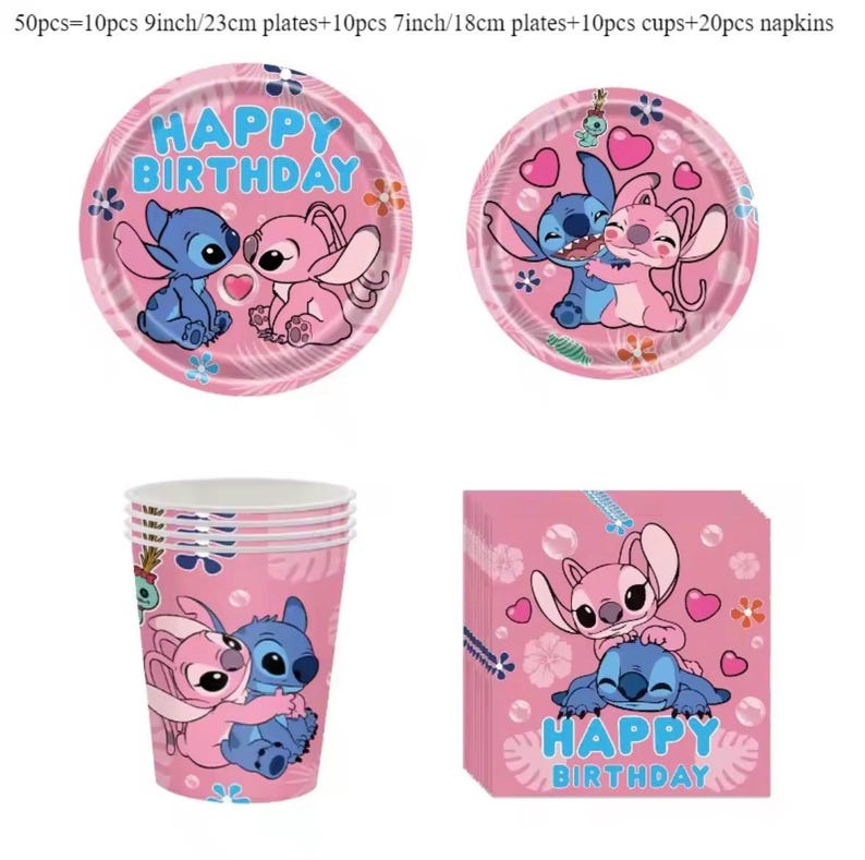 May include: A party supply set including 10 pieces of 9-inch plates, 10 pieces of 7-inch plates, 10 cups, and 20 napkins. All items feature a pink background with blue and pink cartoon characters, floral accents, and the text HAPPY BIRTHDAY.