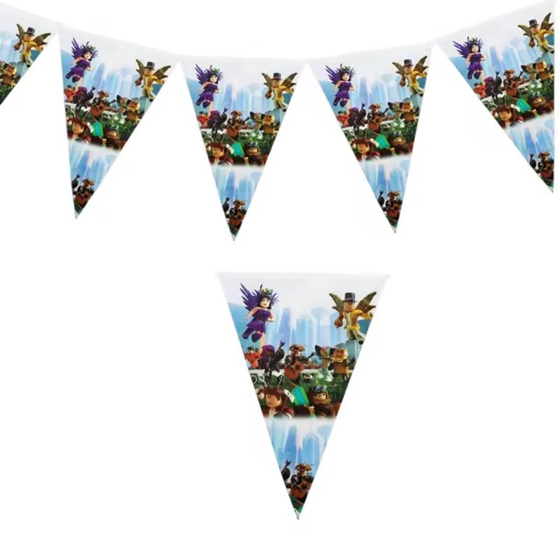 Roblox Birthday Party Decorations Set with Balloons, Banner, Plates, Cups, Table Cover & Cake Toppers for Kids Pennant banner/10pcs