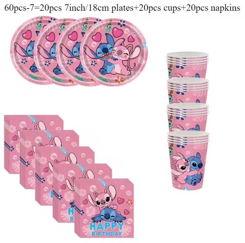 May include: A party supply set including 20 round 7-inch paper plates, 20 paper cups, and 20 paper napkins. All items feature a pink background with a graphic of two blue and pink cartoon characters hugging, surrounded by hearts and flowers.