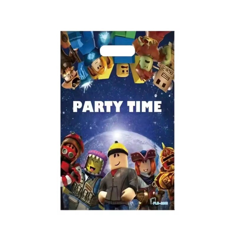 May include: A rectangular plastic party favor bag featuring a blue space background with a large planet. The text PARTY TIME is printed in white. The bag displays various block-style character figures in colorful outfits at the top and bottom.