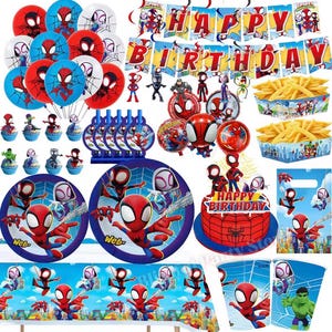 Spider-Man födelsedagsfestdekorationer set | Ballonger, banderoll, porslin, tårtdekoration och festtillbehör paket bild 1