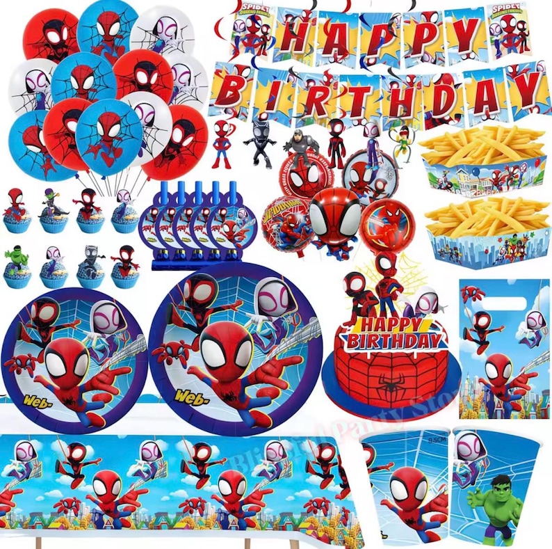 Spider-Man födelsedagsfestdekorationer set | Ballonger, banderoll, porslin, tårtdekoration och festtillbehör paket bild 1
