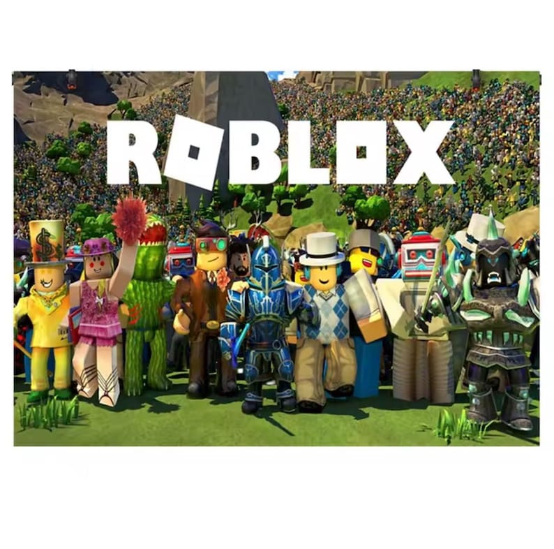 May include: A large rectangular poster featuring the white Roblox logo centered over a crowd of diverse blocky characters. The scene includes figures in various outfits, including a knight in blue armor, a person in a top hat, and a green creature.