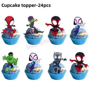 Spider-Man födelsedagsfestdekorationer set | Ballonger, banderoll, porslin, tårtdekoration och festtillbehör paket CupcakeToppers/24pcs