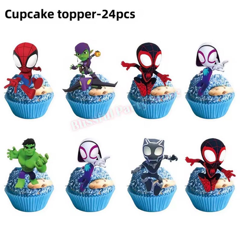 Spider-Man födelsedagsfestdekorationer set | Ballonger, banderoll, porslin, tårtdekoration och festtillbehör paket CupcakeToppers/24pcs