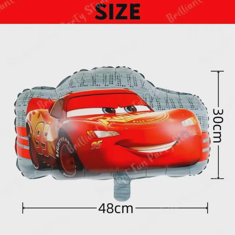 May include: A red Cars-themed balloon shaped like Lightning McQueen, measuring approximately 19 inches long and 12 inches high. The balloon has a gray top and the text "SIZE" in a red banner.