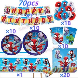 Spider-Man födelsedagsfestdekorationer set | Ballonger, banderoll, porslin, tårtdekoration och festtillbehör paket BUNDLE/70pcs